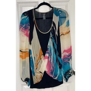 CUSTO BARCELONA Abstract Silk Blend Lagenlook Long Sleeve Blouse Size 4 (M/US)‎